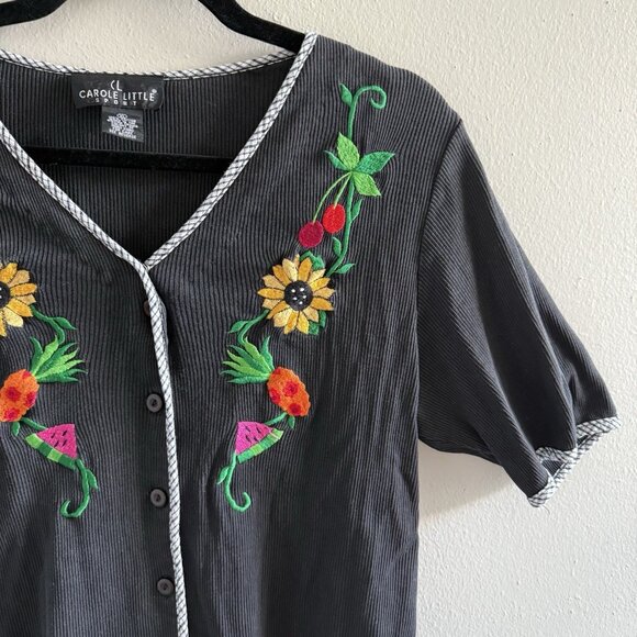 VTG 80s 90s Fruit Sunflower Cherry Embroidered Ribbed Top L/XL Button Front - Picture 3 of 8